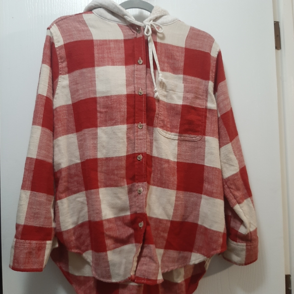 American Eagle Women's Red and White Plaid Button Down Hoodie Shirt Small